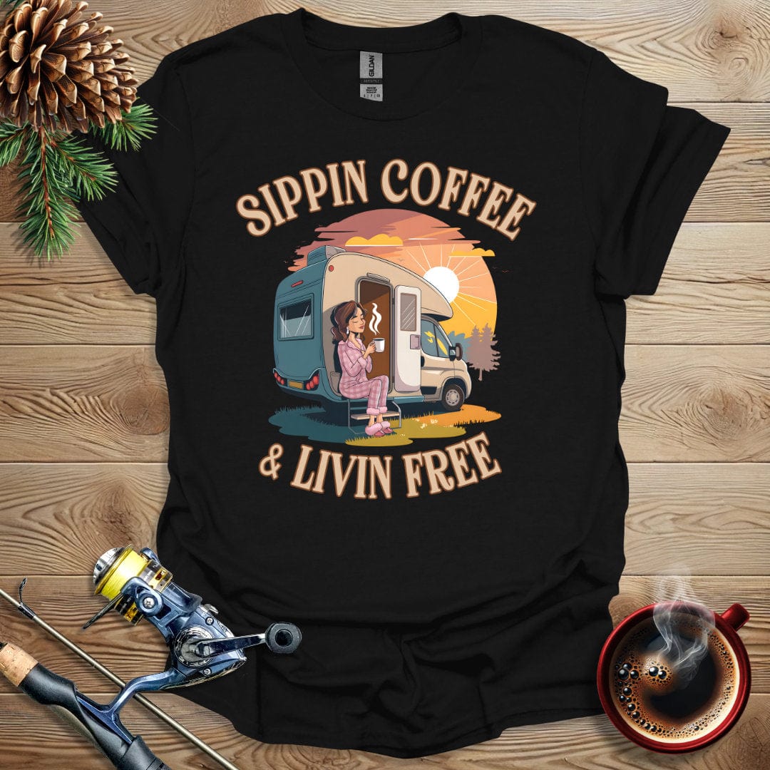 Printify T-Shirt Black / S Sippin Coffee & Livin Free T-Shirt