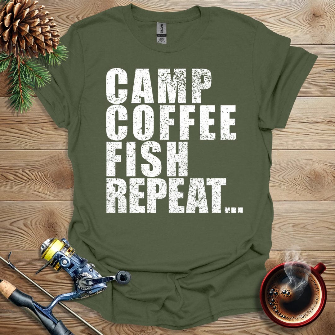 Printify T-Shirt Camp Coffee Fish Repeat T-Shirt