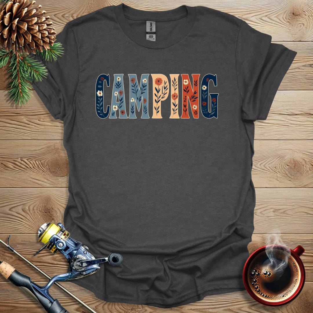 Printify T-Shirt Dark Heather / S Camping - Flower Text T-Shirt