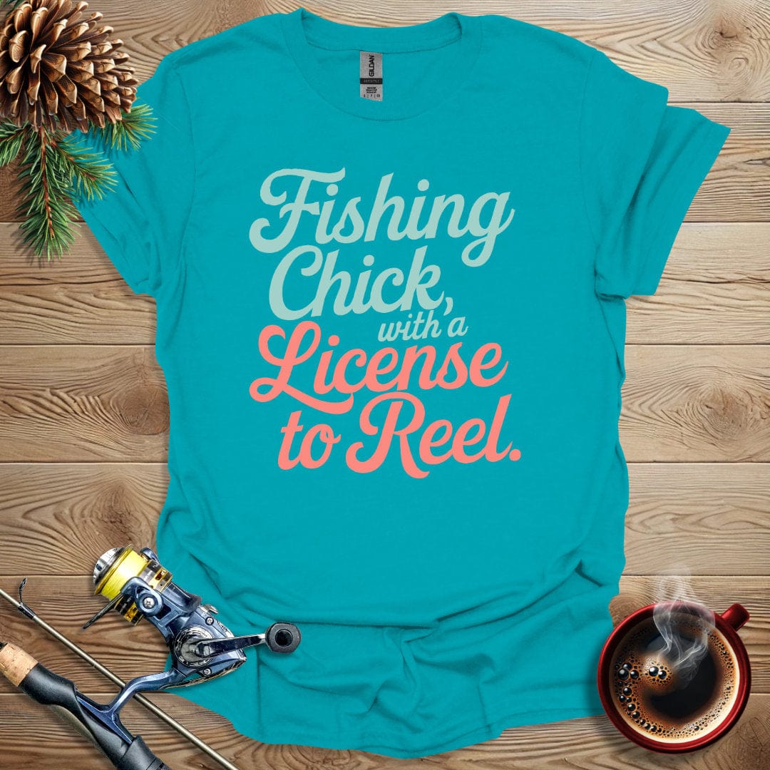 Printify T-Shirt Fishing Chick With A License to Reel T-Shirt
