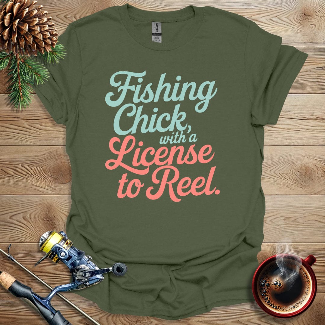 Printify T-Shirt Fishing Chick With A License to Reel T-Shirt