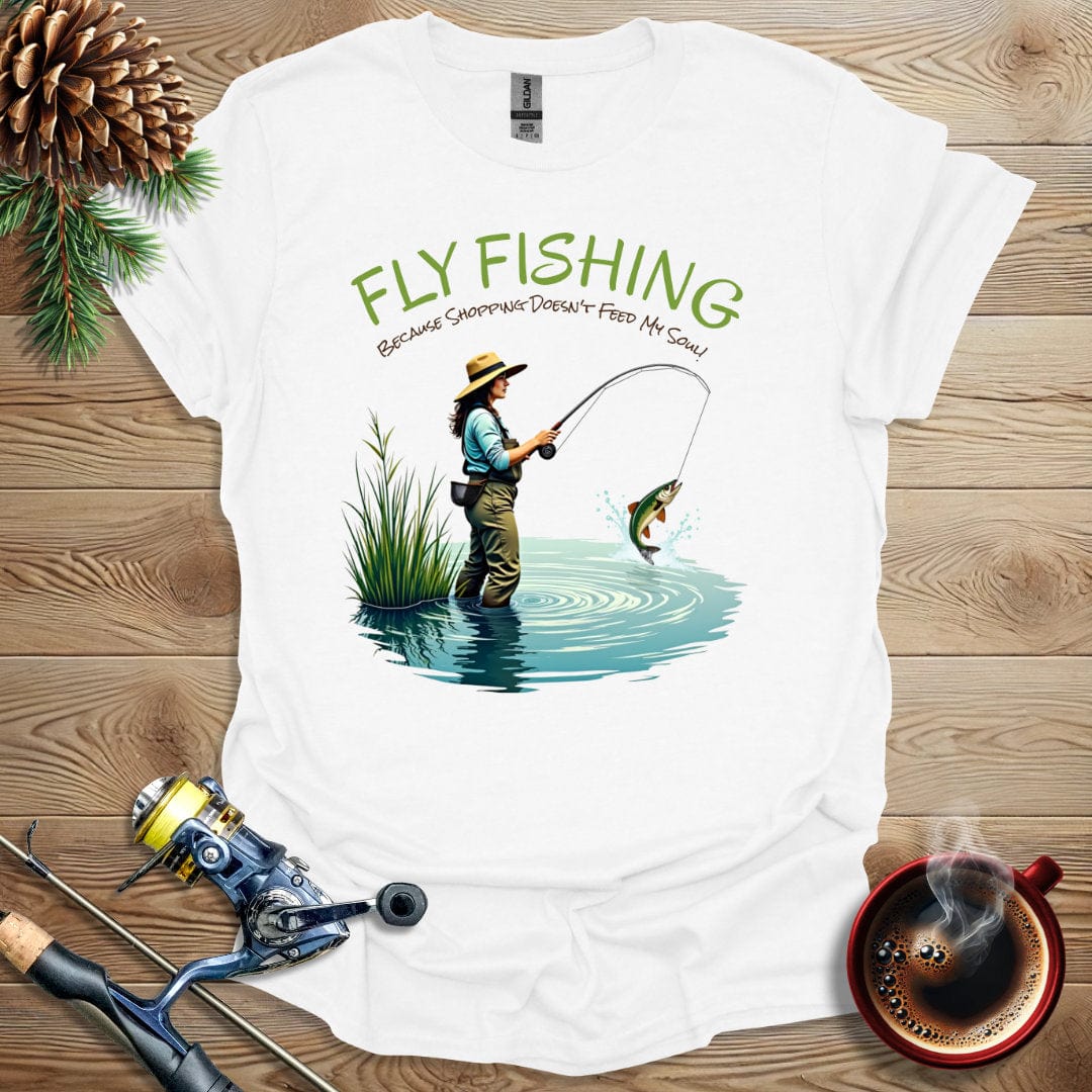 Printify T-Shirt Fly Fishing - Because Shopping Doesn't Feed My Soul T-Shirt