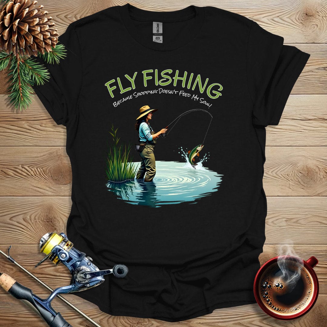 Printify T-Shirt Fly Fishing - Because Shopping Doesn't Feed My Soul T-Shirt