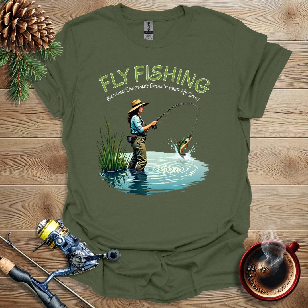 Printify T-Shirt Fly Fishing - Because Shopping Doesn't Feed My Soul T-Shirt