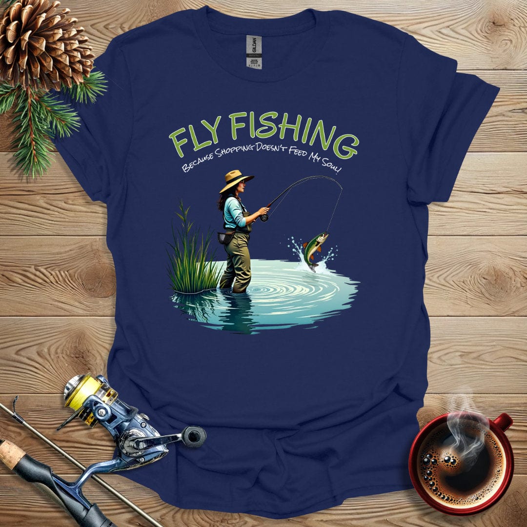 Printify T-Shirt Fly Fishing - Because Shopping Doesn't Feed My Soul T-Shirt