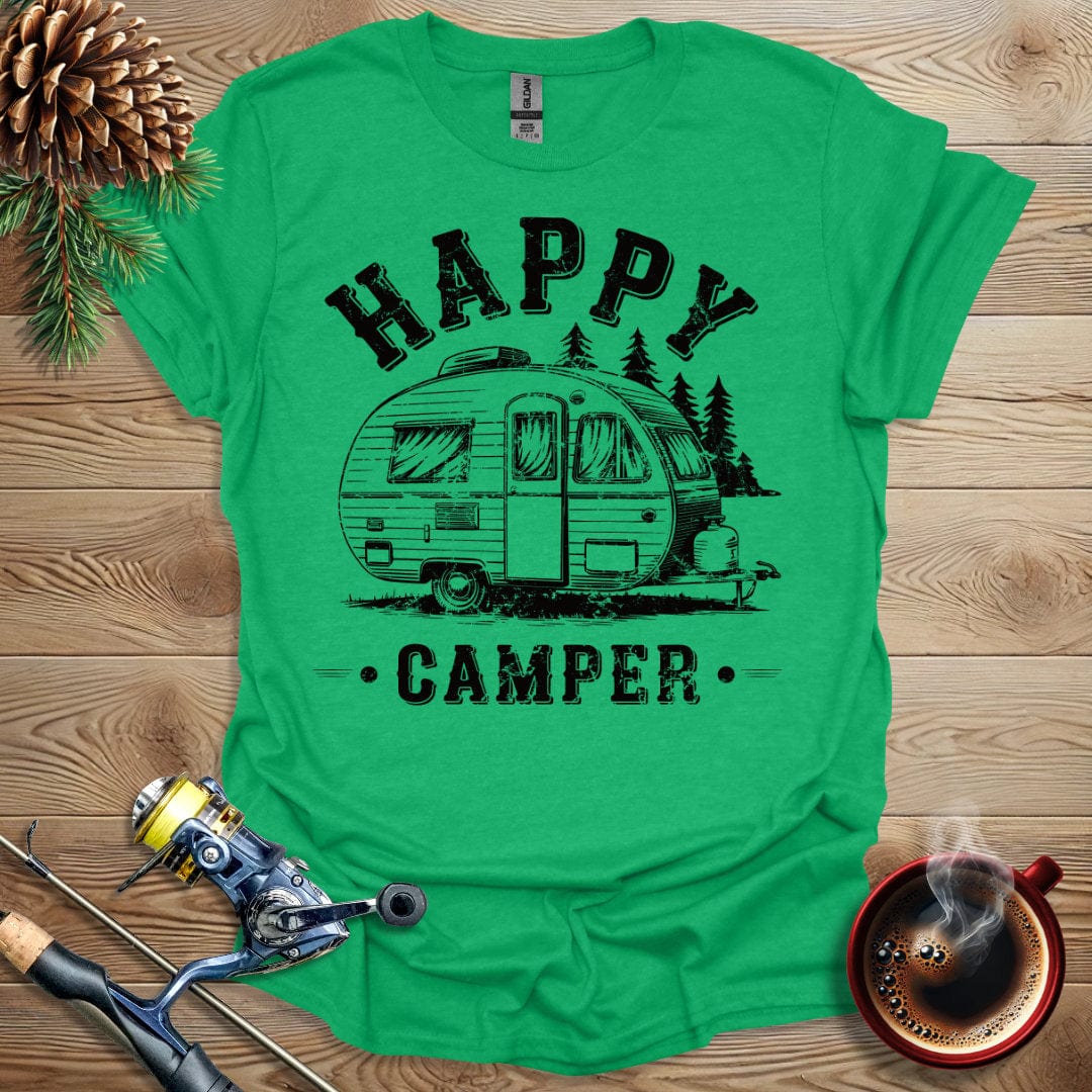 Printify T-Shirt Heather Irish Green / S Happy Camper_B&W T-Shirt