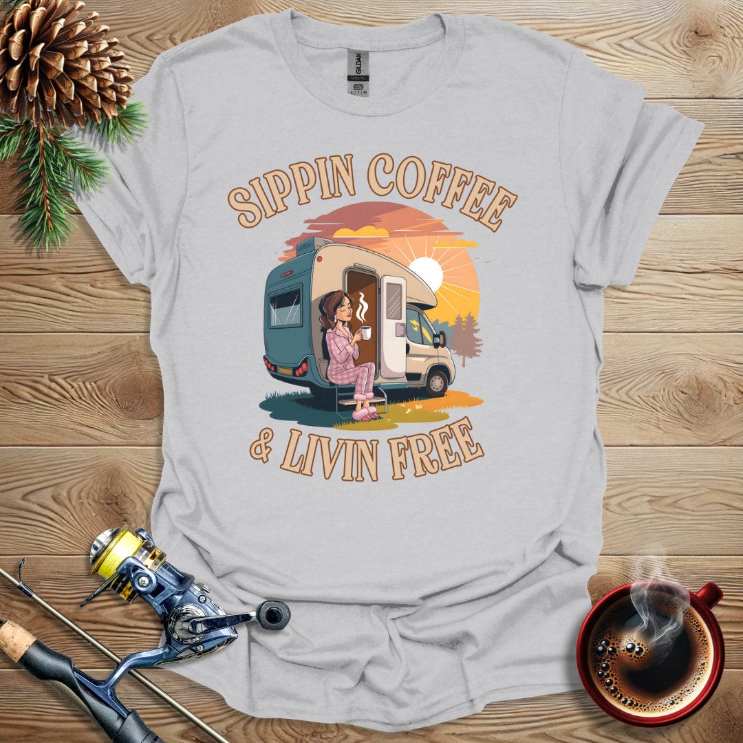 Printify T-Shirt Ice Grey / S Sippin Coffee & Livin Free T-Shirt