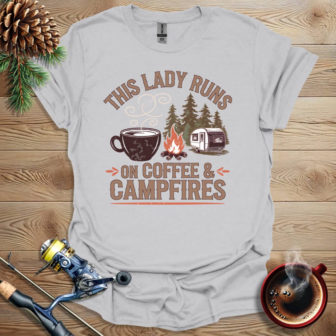 Printify T-Shirt Ice Grey / S This Lady Runs On Coffee & Campfires T-Shirt