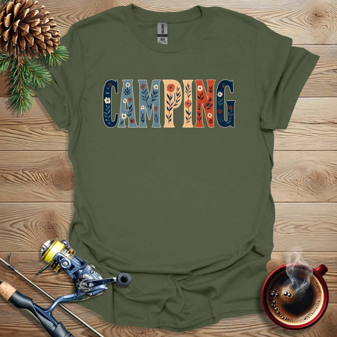 Printify T-Shirt Military Green / S Camping - Flower Text T-Shirt
