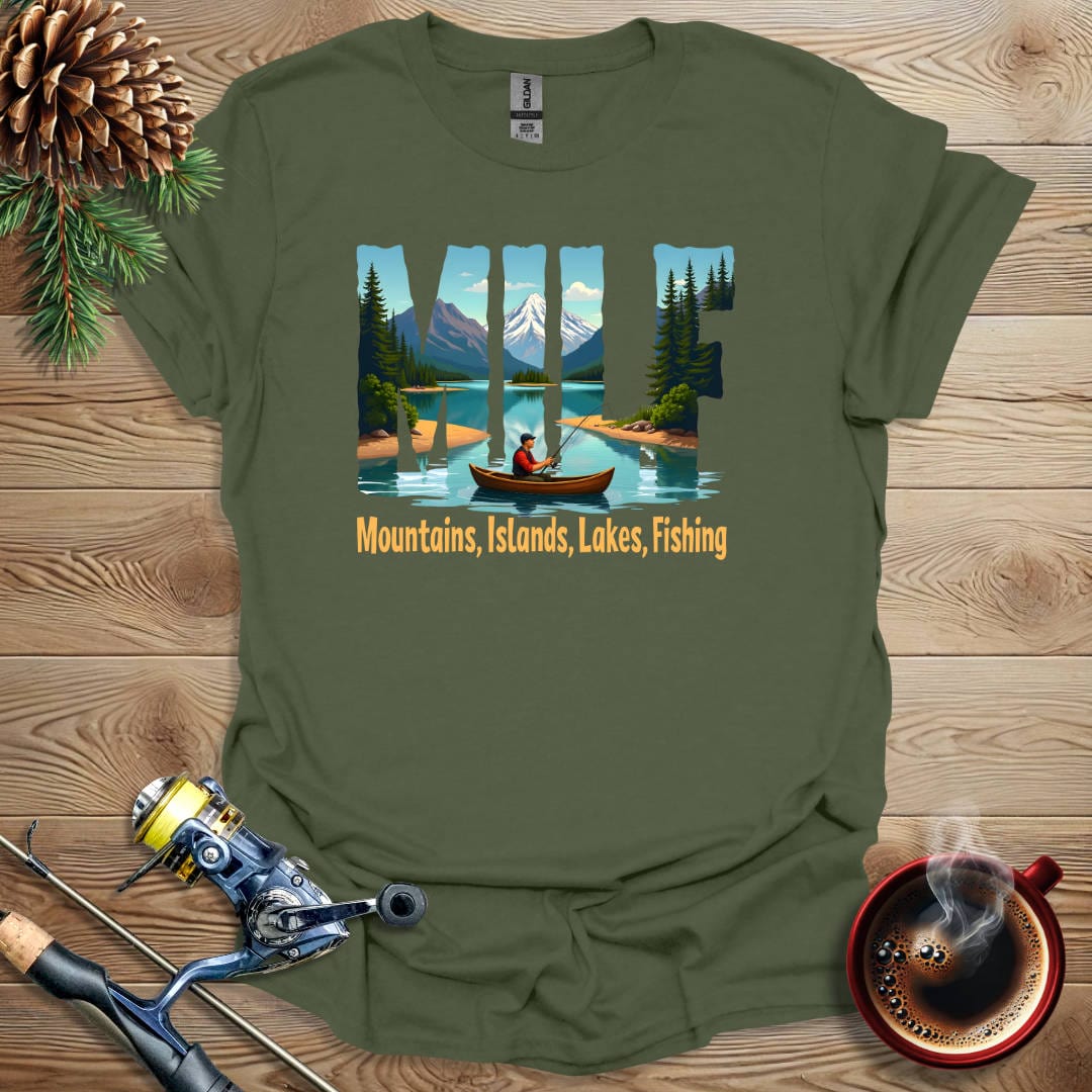 Printify T-Shirt Military Green / S Mountains, Islands, Lakes, Fishing T-Shirt