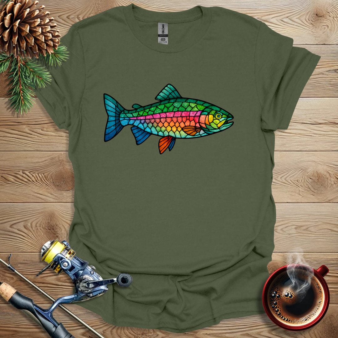 Printify T-Shirt Military Green / S Rainbow Trout - Stained Glass T-Shirt