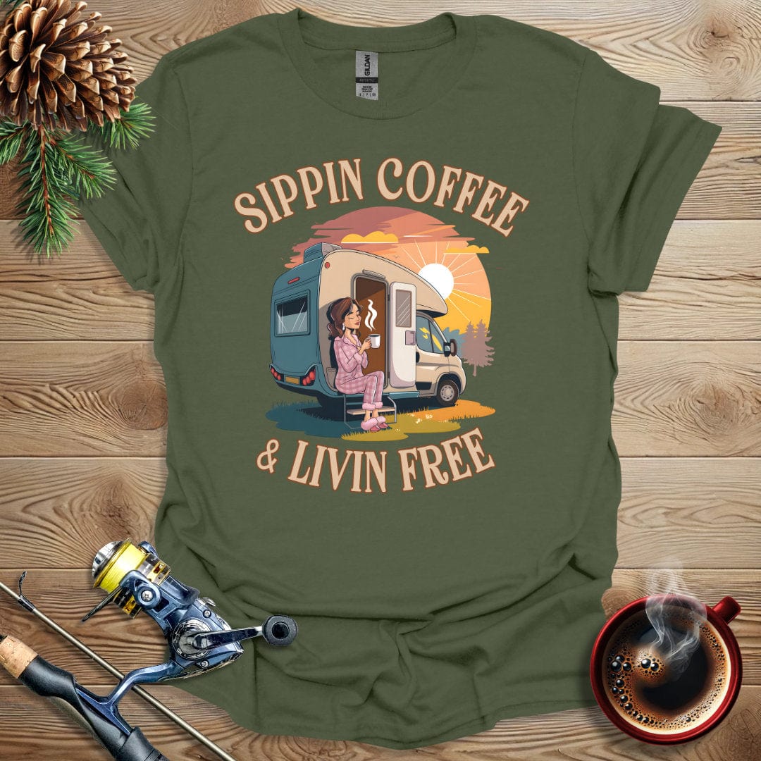 Printify T-Shirt Military Green / S Sippin Coffee & Livin Free T-Shirt