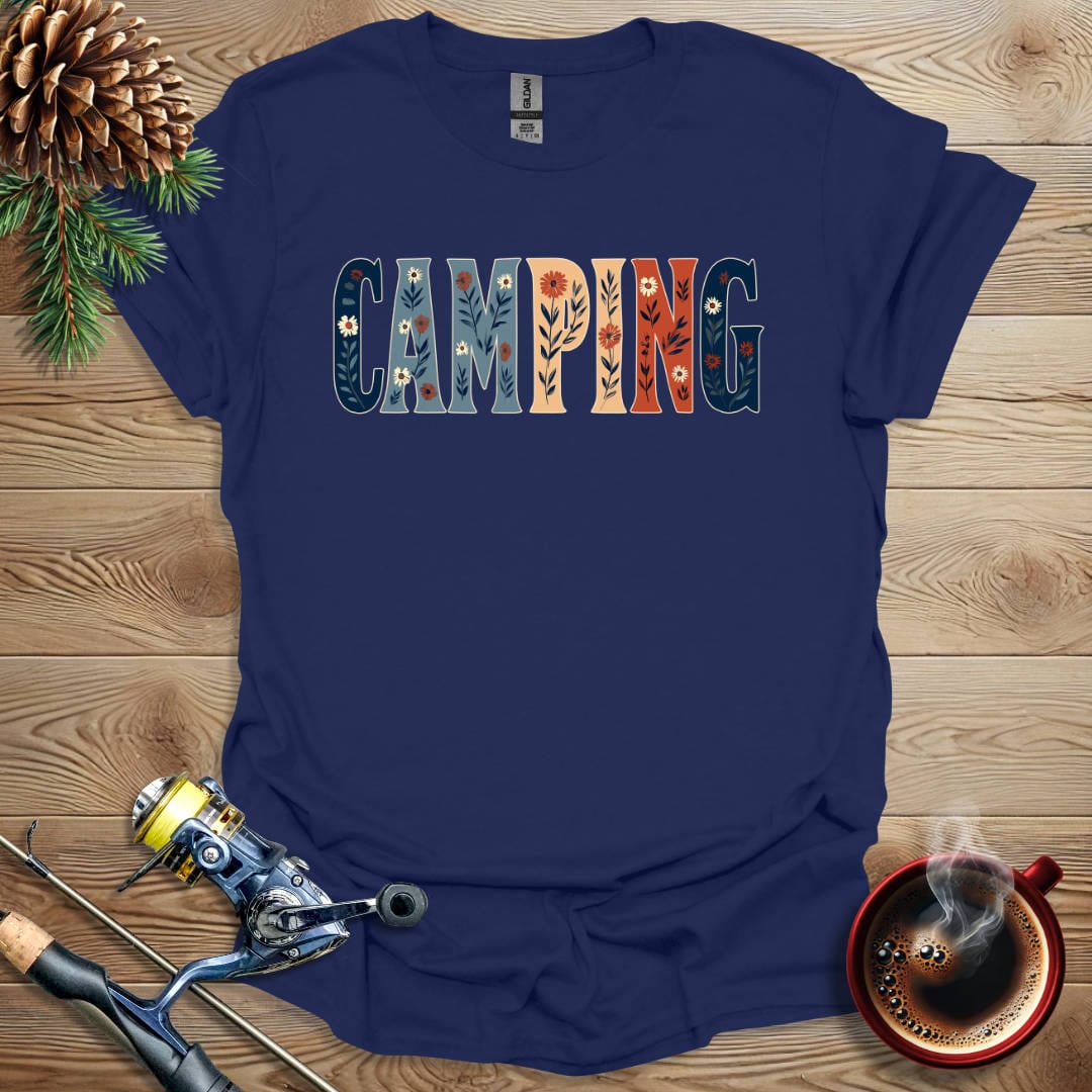 Printify T-Shirt Navy / S Camping - Flower Text T-Shirt