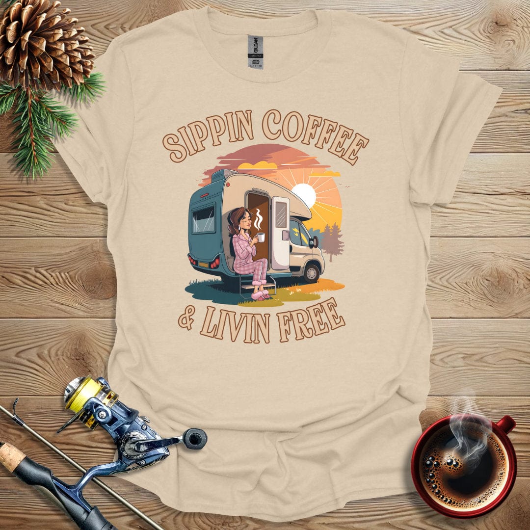 Printify T-Shirt Sand / S Sippin Coffee & Livin Free T-Shirt