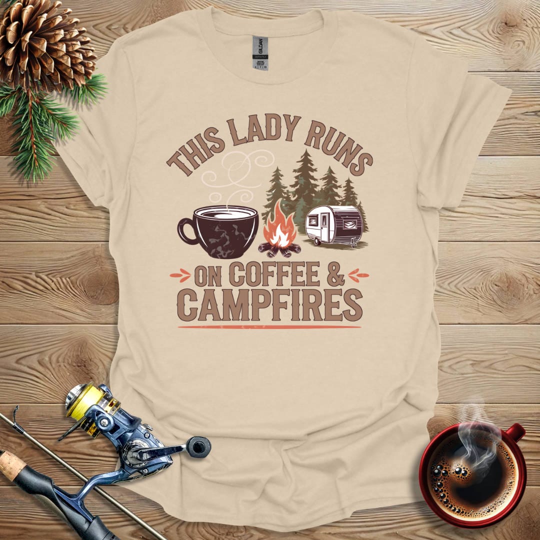 Printify T-Shirt Sand / S This Lady Runs On Coffee & Campfires T-Shirt