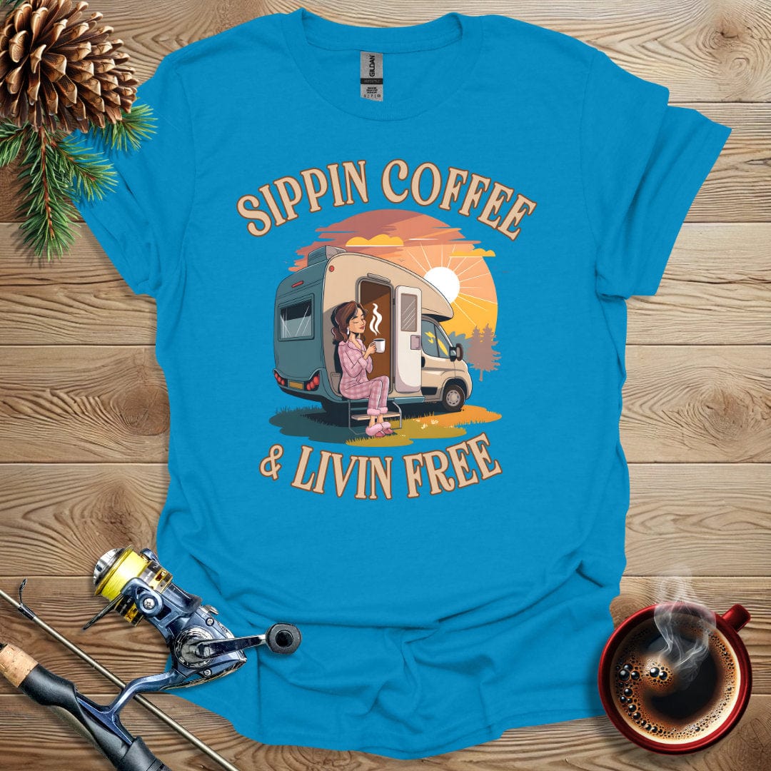 Printify T-Shirt Sapphire / S Sippin Coffee & Livin Free T-Shirt
