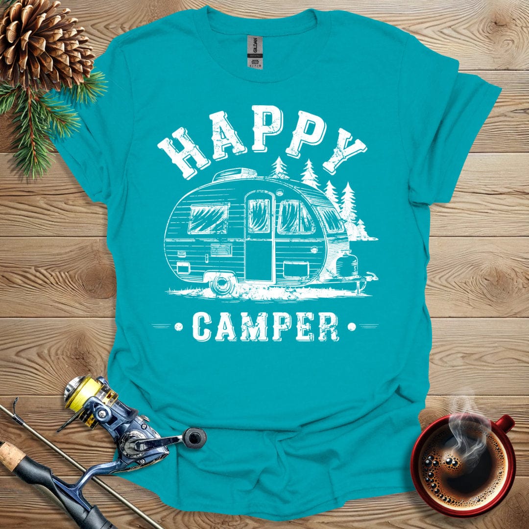 Printify T-Shirt Tropical Blue / S Happy Camper_B&W T-Shirt