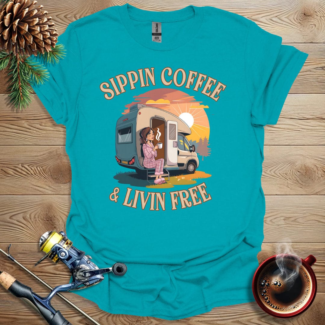 Printify T-Shirt Tropical Blue / S Sippin Coffee & Livin Free T-Shirt