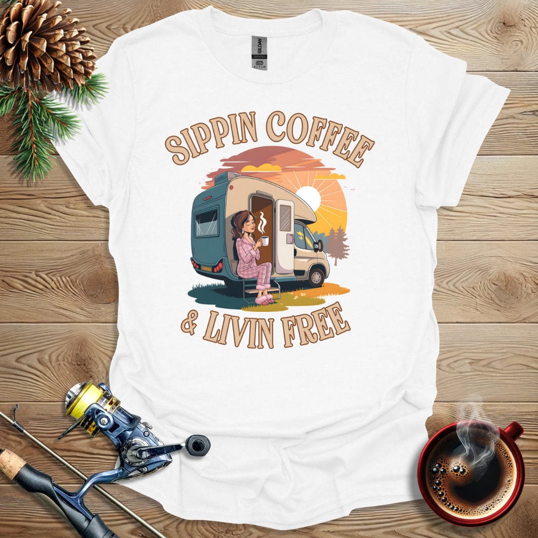 Printify T-Shirt White / S Sippin Coffee & Livin Free T-Shirt