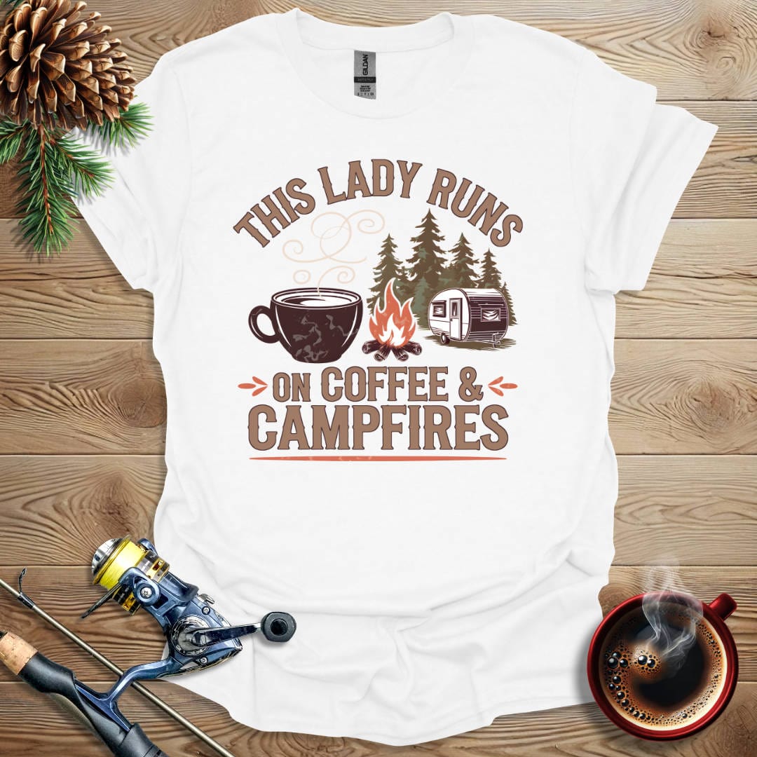 Printify T-Shirt White / S This Lady Runs On Coffee & Campfires T-Shirt