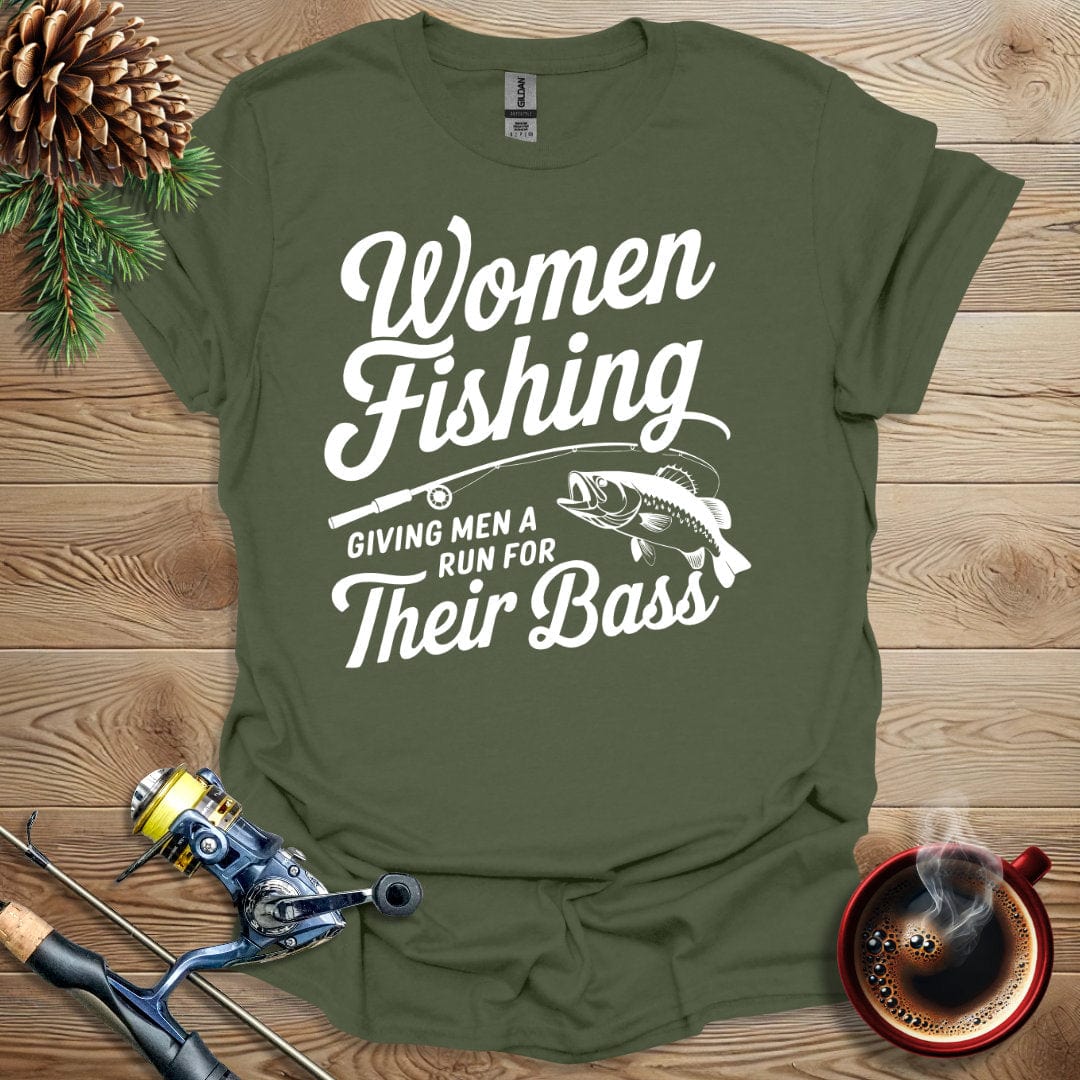 Printify T-Shirt Women Fishing - Giving Men a Run for Their Bass T-Shirt