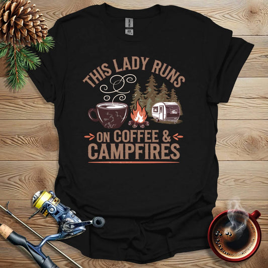 Printify T-Shirt Black / S This Lady Runs On Coffee & Campfires T-Shirt