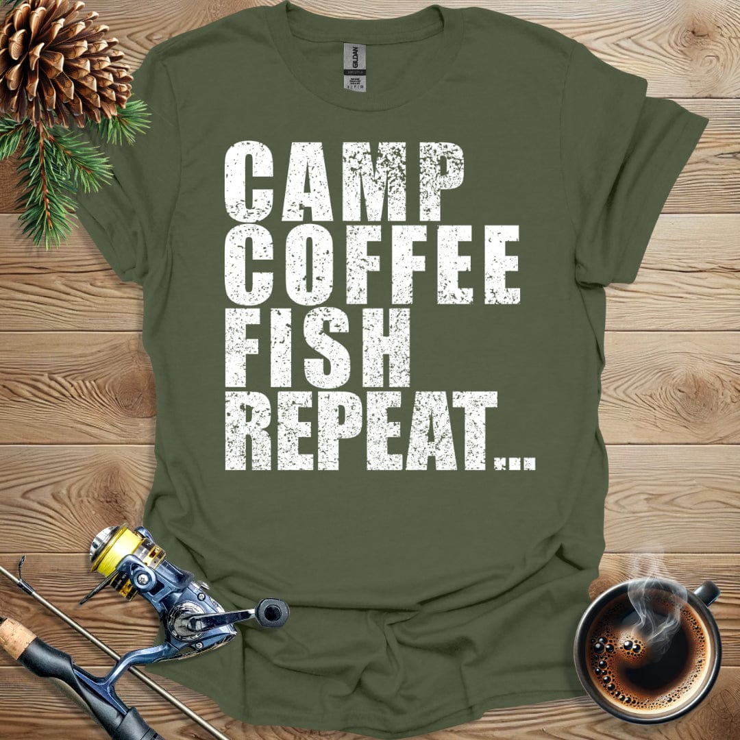 Printify T-Shirt Camp Coffee Fish Repeat T-Shirt