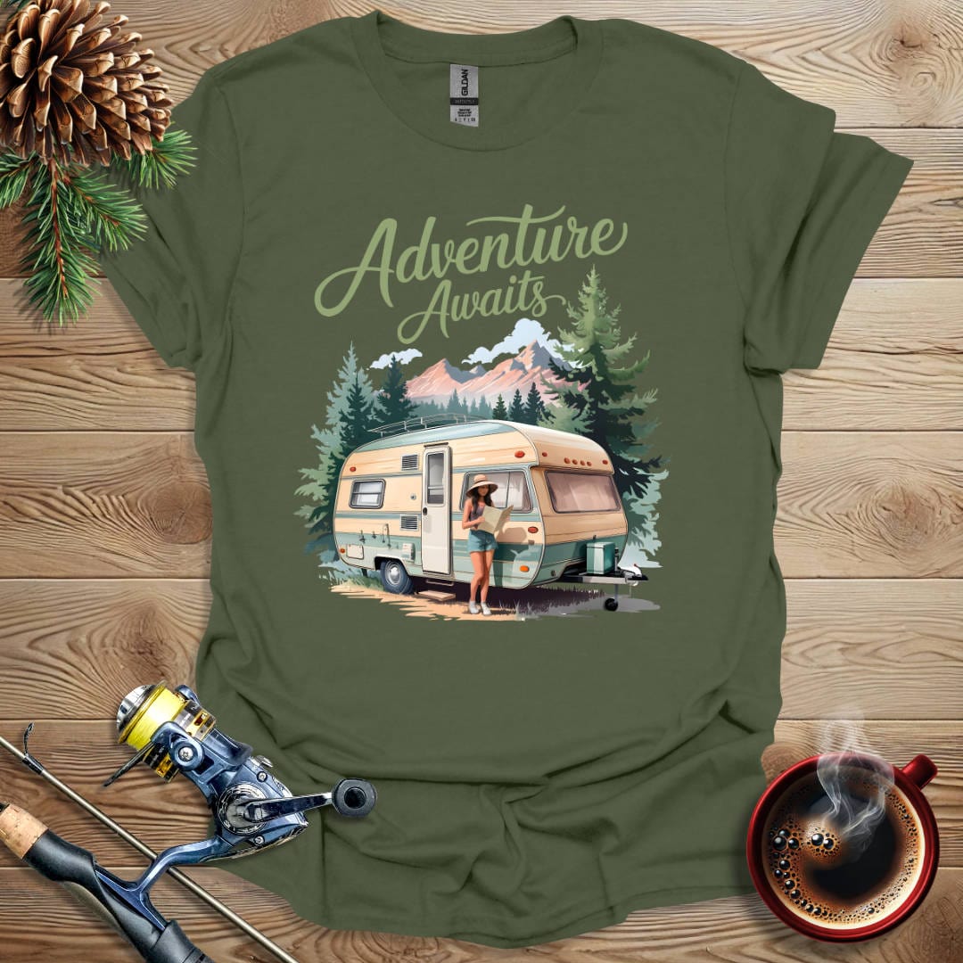 Printify T-Shirt Military Green / S Adventure Awaits T-Shirt