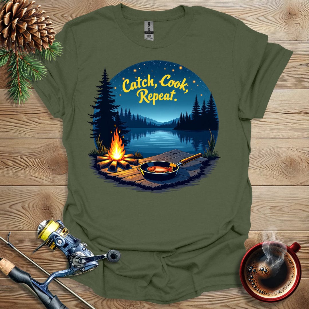 Printify T-Shirt Military Green / S Catch Cook Repeat T-Shirt